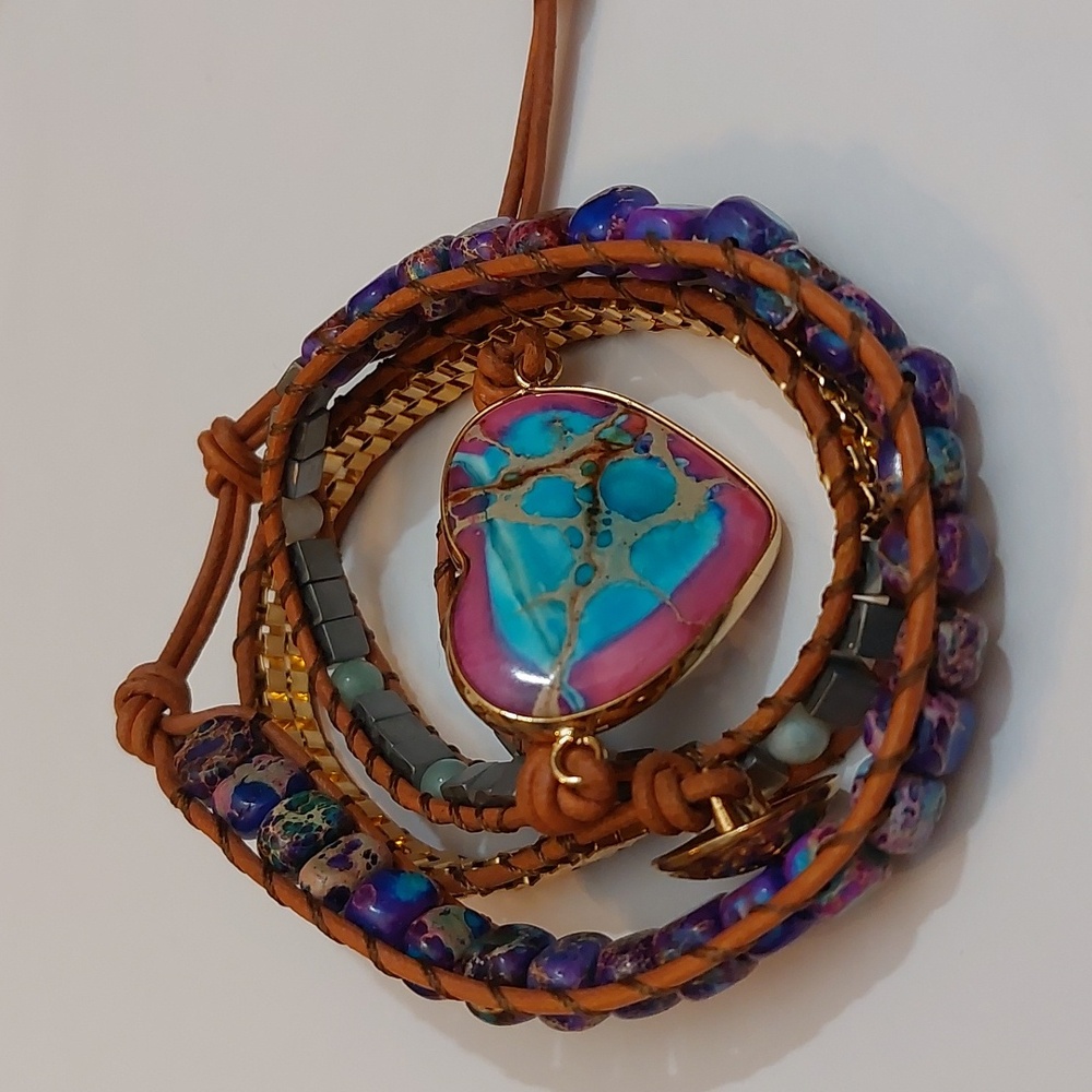 Hippie Bohemian Leather And Multi Color Agate Beads Multi Wrap Bracelet - Picture 2 of 7